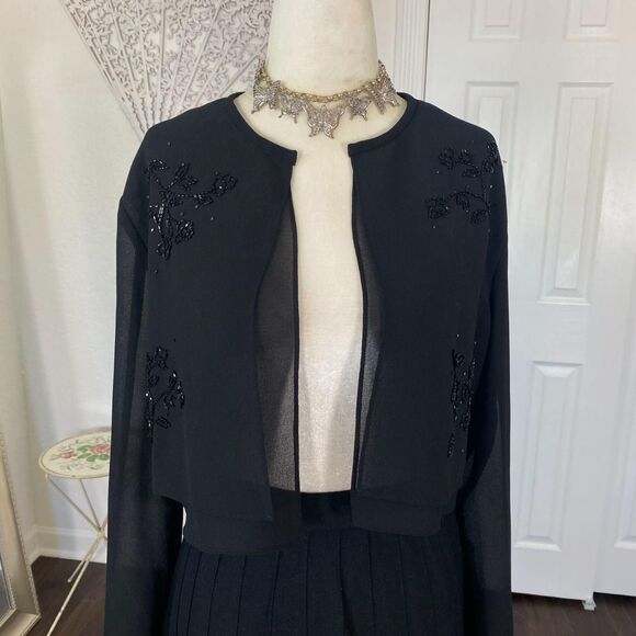Vintage Whimsygoth Black Sheer Cropped Sequin Beaded Open Front Mesh Cardigan M - Picture 3 of 7